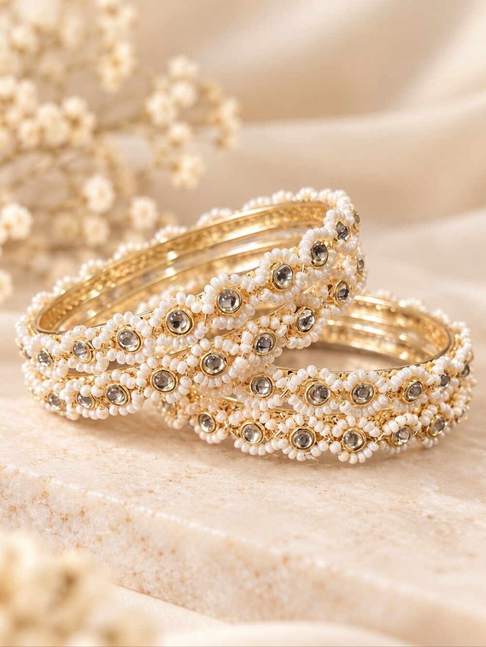 Pearl Kundan Bangle Set of 4 Gold Tone Size 2.8